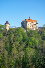 Obraz na płótnie Canvas Pernstejn Castle is located in Moravia, Czech Republic, 25 km north-west of Brno.