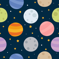 Obraz na płótnie Canvas Space Seamless Pattern with Planets and Stars. Doodle Cartoon Cute Planet Smiling Face. Vector Background