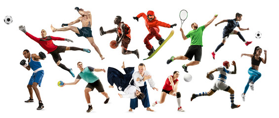 Fototapeta na wymiar Sport collage. Tennis, running, badminton, soccer and american football, basketball, handball, volleyball, boxing, MMA fighter and rugby players. Fit women and men standing on white background