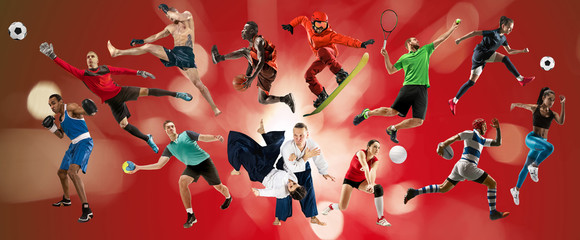 Sport collage. Tennis, running, badminton, soccer and american football, basketball, handball, volleyball, boxing, MMA fighter and rugby players. Fit women and men standing on red background