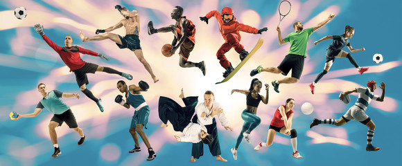 Sport collage. Tennis, running, badminton, soccer and american football, basketball, handball, volleyball, boxing, MMA fighter and rugby players. Fit women and men standing on blue background