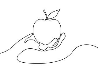 Continuous one line apple in hand, vector illustration