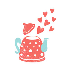 Cute teapot with hearts. Vector illustration isolated on white background. Minimalistic style print. Banner for coffee or restaurant