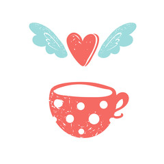 Cute spotted mug with flying heart. Vector illustration isolated on white background. Minimalistic style print. Banner for coffee or restaurant