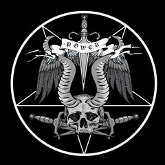 Obraz premium Vector image, pentagram with horned skull roses daggers in the style of biker stripes and tattoos