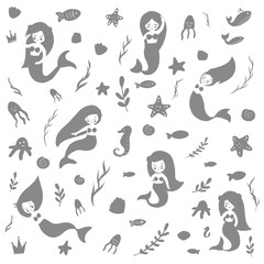 A set of beautiful mermaids. Fish, jellyfish, algae and other marine world. Vector illustration. Template the sea elements.