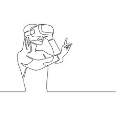 Fototapeta premium Continuous one line woman in VR glasses clicking in the air. Vector illustration.
