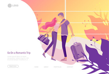 landing page template with Happy Lover Relationship, scenes with romantic couple online dating kissing, hugging and traveling. Characters Valentine day Set. Colorful vector illustration