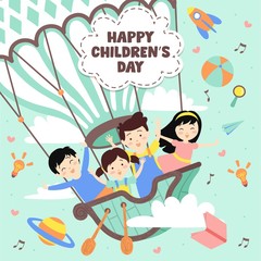Happy Children's day Illustration. World of imagination with kids on vintage hot air balloon, rocket, rainbow, moon, planets, idea and balloons floating above clouds - Vector Illustration