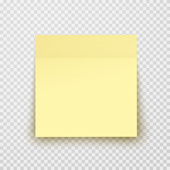 Post note paper sheet or sticky sticker with shadow isolated on transparent background. Vector yellow office memo template.
