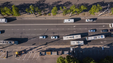 Fototapeta premium Top down View of freeway busy city traffic jam rush hour highway.