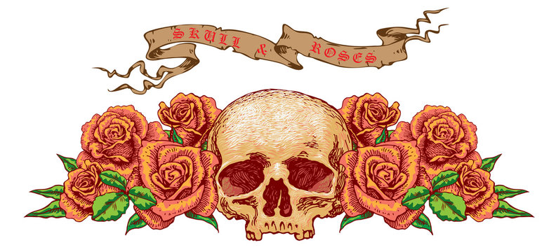 vector image of a skull with roses sketch for tattoo guns ribbons with inscriptions blood and costeans graphics engraving