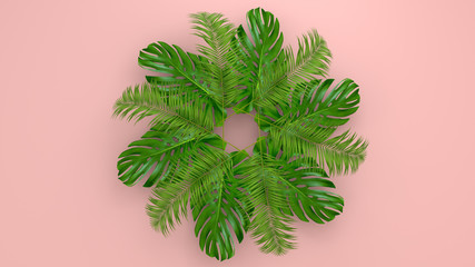Realistic palm leaves on Coral Living background for cosmetic ad or fashion illustration. Tropical frame exotic banana palm. Sale banner design. 3D render