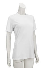 White plain shortsleeve cotton T-Shirt on a female mannequin isolated on white background with clipping path