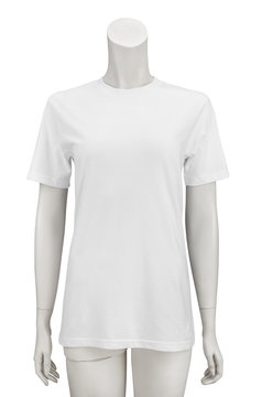 White plain shortsleeve cotton T-Shirt on a female mannequin isolated on white background with clipping path