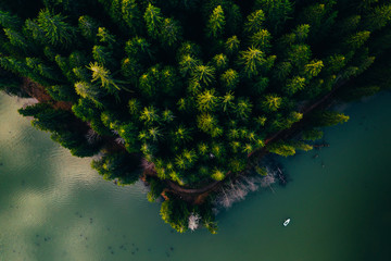Lake with small boats seen from a drone