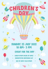Children's day Poster invitation vector illustration. World of imagination with vintage hot air balloon, rocket, rainbow, moon, planets, idea and balloons floating above clouds - Vector Illustration