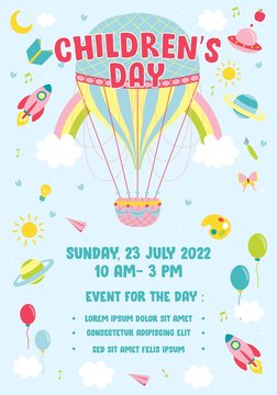 Children's day Poster invitation vector illustration. World of imagination with vintage hot air balloon, rocket, rainbow, moon, planets, idea and balloons floating above clouds - Vector Illustration