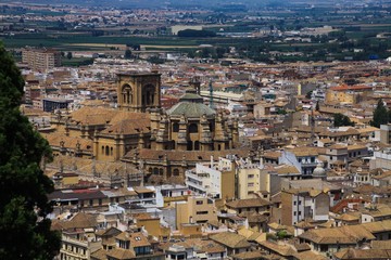 Fototapeta na wymiar Aerial view over Granada from Alhambra with cathedral (Catedral renacentista), Andalusia, Spain