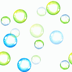 Acrylic painted blue and green soap bubbles seamless pattern