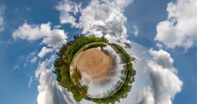 NO VR. Little planet Transformation with curvature of space. Abstract torsion and spinning of full flyby panorama with rise up into the sky of landscape in forest near river. falling drone