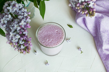 Obraz na płótnie Canvas Berry milkshake. Milkshake with blueberries on a white background, decorated with lilac flowers. Provence style