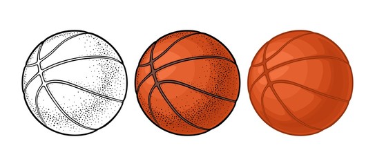 Basketball ball. Vector color engraving illustration. Isolated on white background.