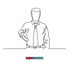 Continuous line drawing of man with greeting gesture. Template for your design works. Vector illustration.
