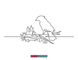 Continuous line drawing of nest and birds silhouettes. Template for your design works. Vector illustration.