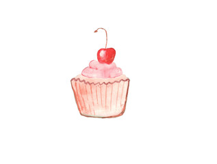 Watercolor. Cake with a cherry