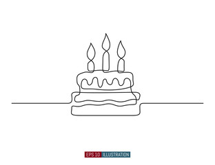 Continuous line drawing of celebratory cake. Template for your design works. Vector illustration.