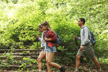 Group of friends hiking in nature.They walking trough forest and meadows.