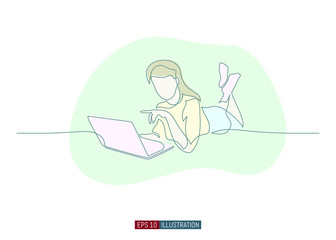 Continuous line drawing of girl with laptop. Template for your design works. Vector illustration.