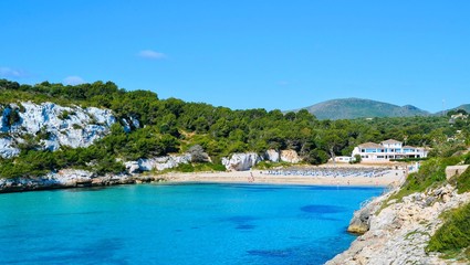 Panoramic landscape of the beautiful bay of Cala Estany d'en Mas with a wonderful turquoise sea and the beach, near Porto Cristo, Mallorca/Majorca, Spain