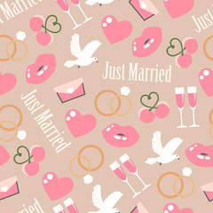 Wedding seamless pattern. Valentine elements on pink background. Greeting wedding card.