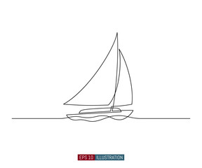 Continuous line drawing of yacht. Abstract sailing vessel silhouette.  Template for your design works. Vector illustration.
