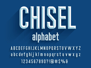 Chisel style alphabet design with uppercase, lowercase, number and symbols - obrazy, fototapety, plakaty