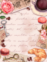 Hand written letters, coffee or tea cup, macaroon cakes, rose flowers, stamps, keys. Vintage card, blank, frame in french style