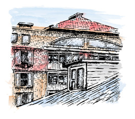 Hand drawn architectural sketch with dormer in the foreground. Design for card, poster or wallpaper. Watercolor splash with hand drawn sketch illustration in vector.