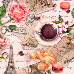 Hand written letters, Eiffel Tower, coffee or tea cup, macaroon cakes, rose flowers, stamps and keys. Vintage seamless pattern