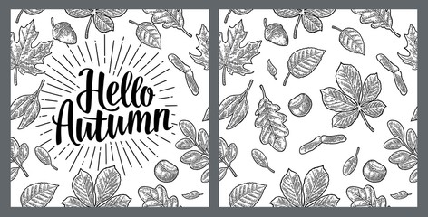 Seamless pattern leafs, acorn, chestnut and seed. Hello Autumn lettering.