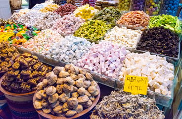 Turkish delight sweets, fruits, nuts at Spice Market or Grand Bazaar in Istanbul Turkey