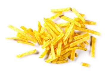 Tomato flavored potato chips isolated on white background, top view