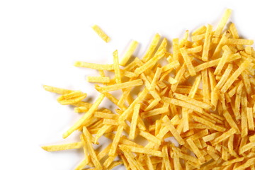 Tomato flavored potato chips isolated on white background, top view