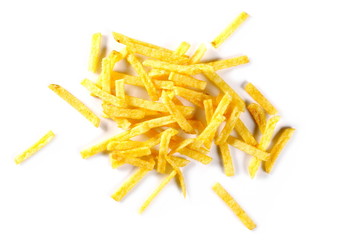 Tomato flavored potato chips isolated on white background, top view