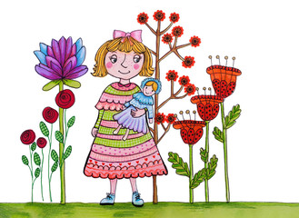 bambina con bambola in giardino