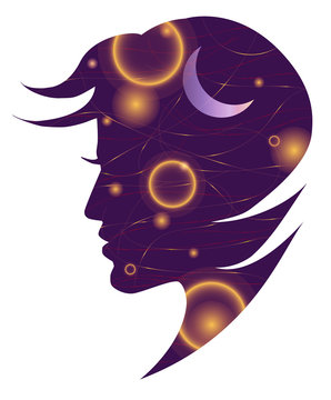 Silhouette of a female head with a night starry sky, a moon and meteorites. Fairytale vector illustration.