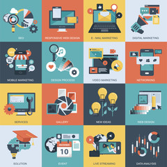 Colorful icon set of business, marketing, technology, event and networking for mobile applications and websites. Flat vector illustration