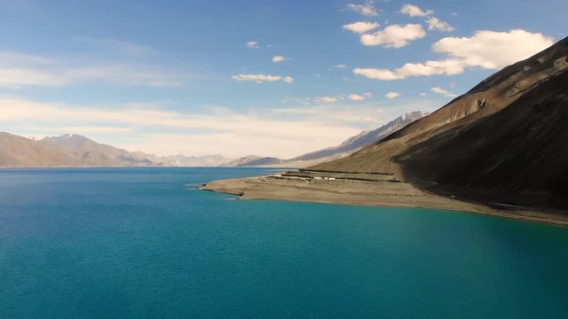 4k aerial fly over lake in Nubra Valley in Ladakh in India