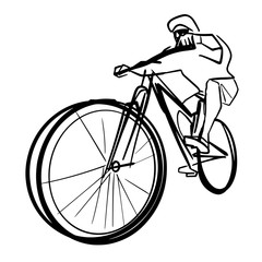 Single male bicyclist on bicycle. Abstract isolated contour. Hand drawn outlines. Black line drawing. Cycling illustration. Vector silhouette.